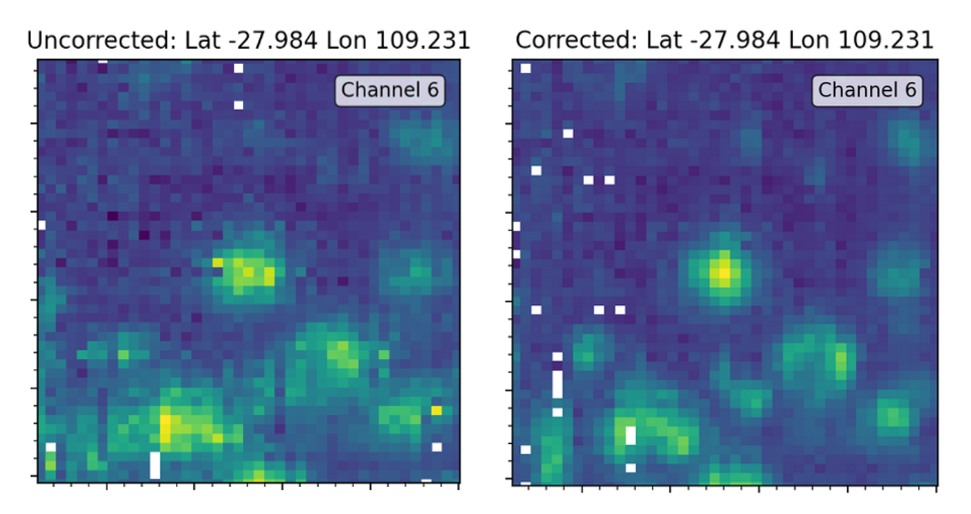 Comparison of Diviner channel 6 data on a fresh impact crater, before and after applying a preliminary correction to account for the pointing errors.